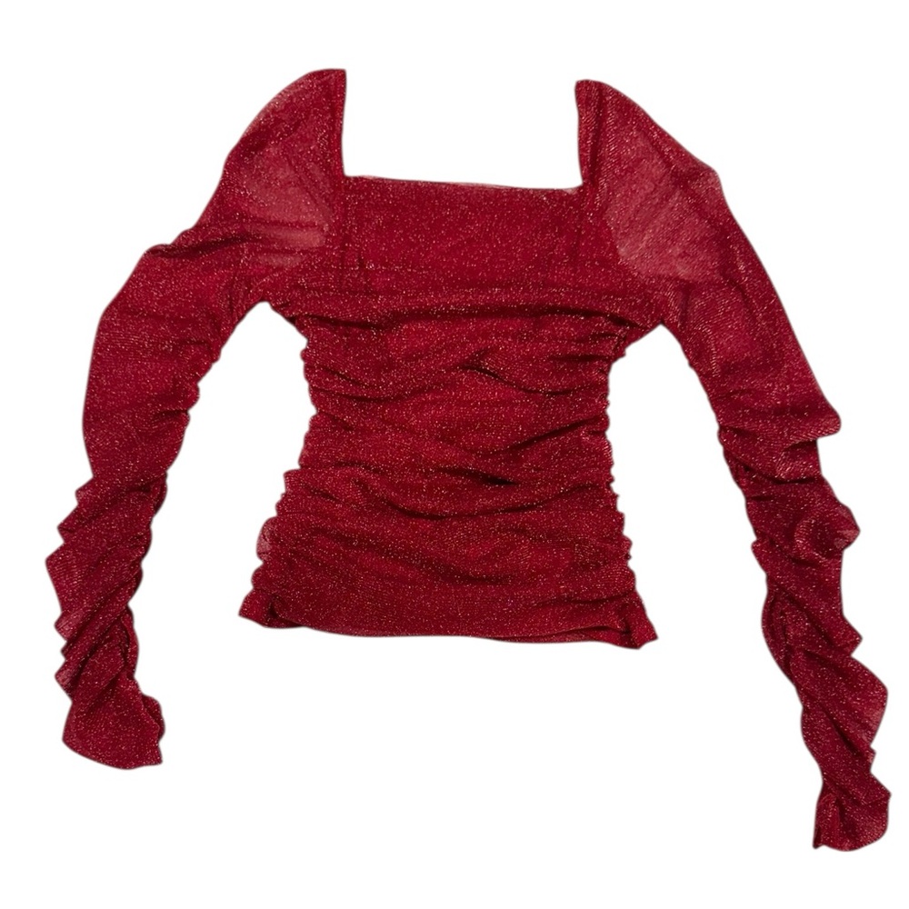 SHEIN Vibrant Bling Sparkle Semi Sheer Ruched Long Sleeve Red Top 2XL - Picture 6 of 8
